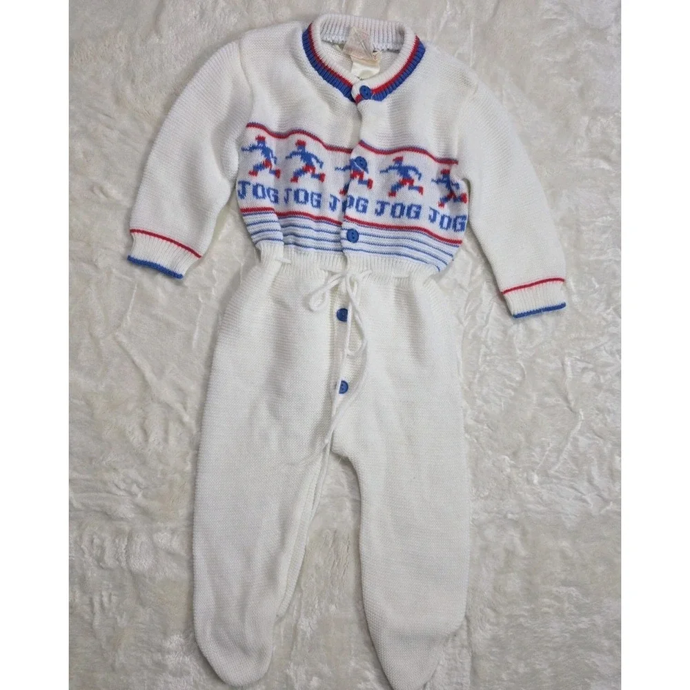 Vintage 70s 80s Childwise JOG Knit Baby Romper Footed 0-12M Japan Unisex